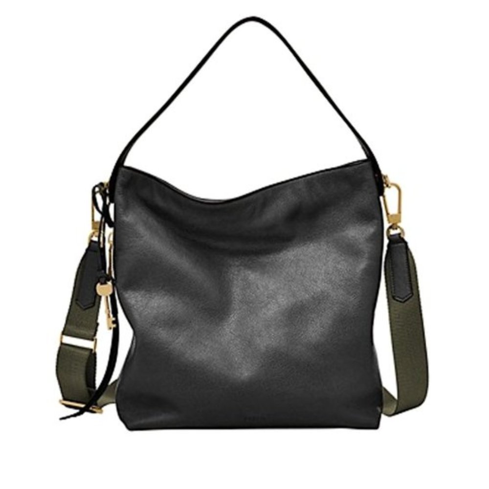 Fossil Maya Black Leather Crossbody Hobo Bag